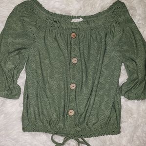 FREE KISSES GREEN EYELET TOP